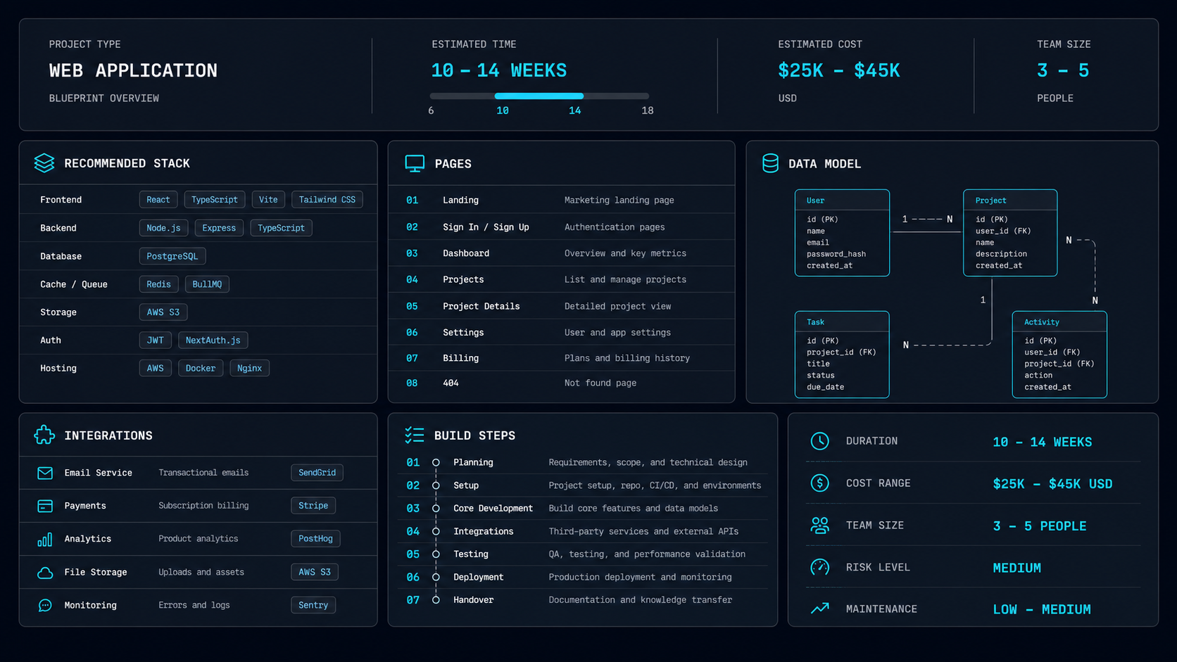 Structured blueprint output with stack, pages and data model