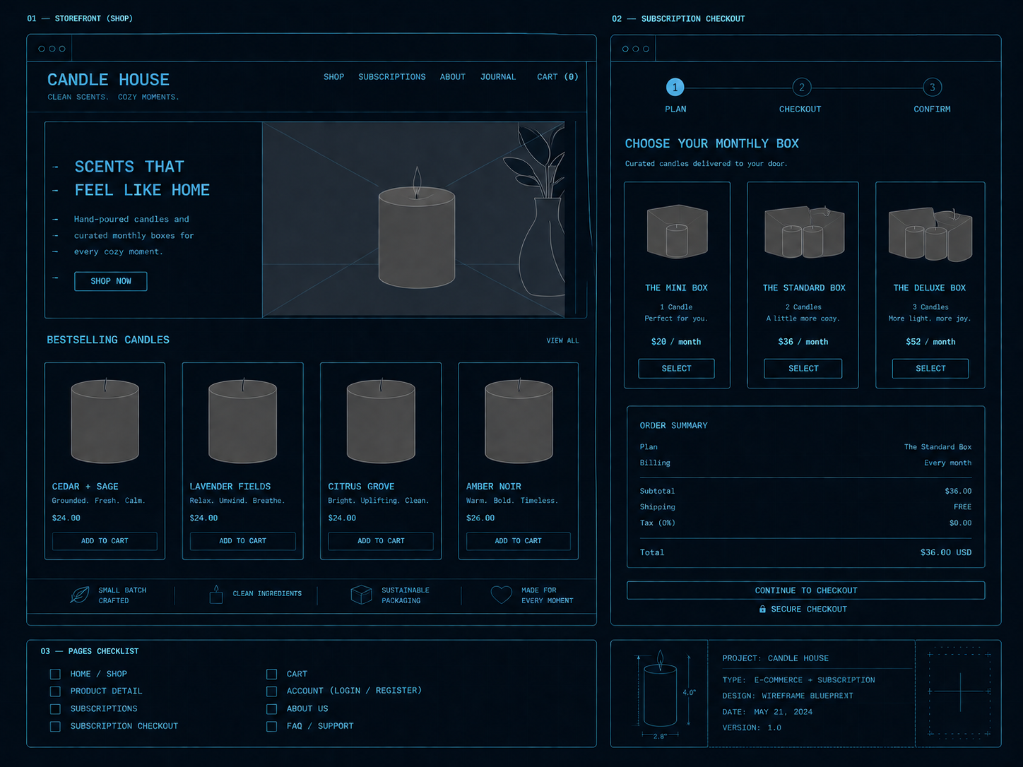 Candle shop with subscription box blueprint wireframes